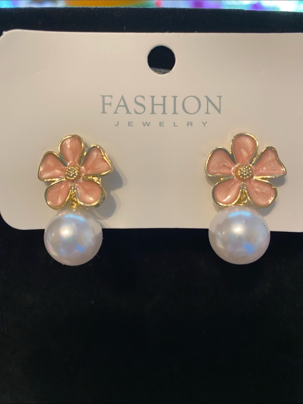 Fashion Pink Flower Pearl Drop Earrings w/Gold Tone Accents